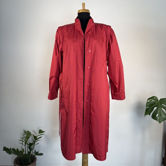 Vintage 80s Full Length Red Nylon Raincoat | Removable Quilted Liner, J Gallery - Picture 5 of 11